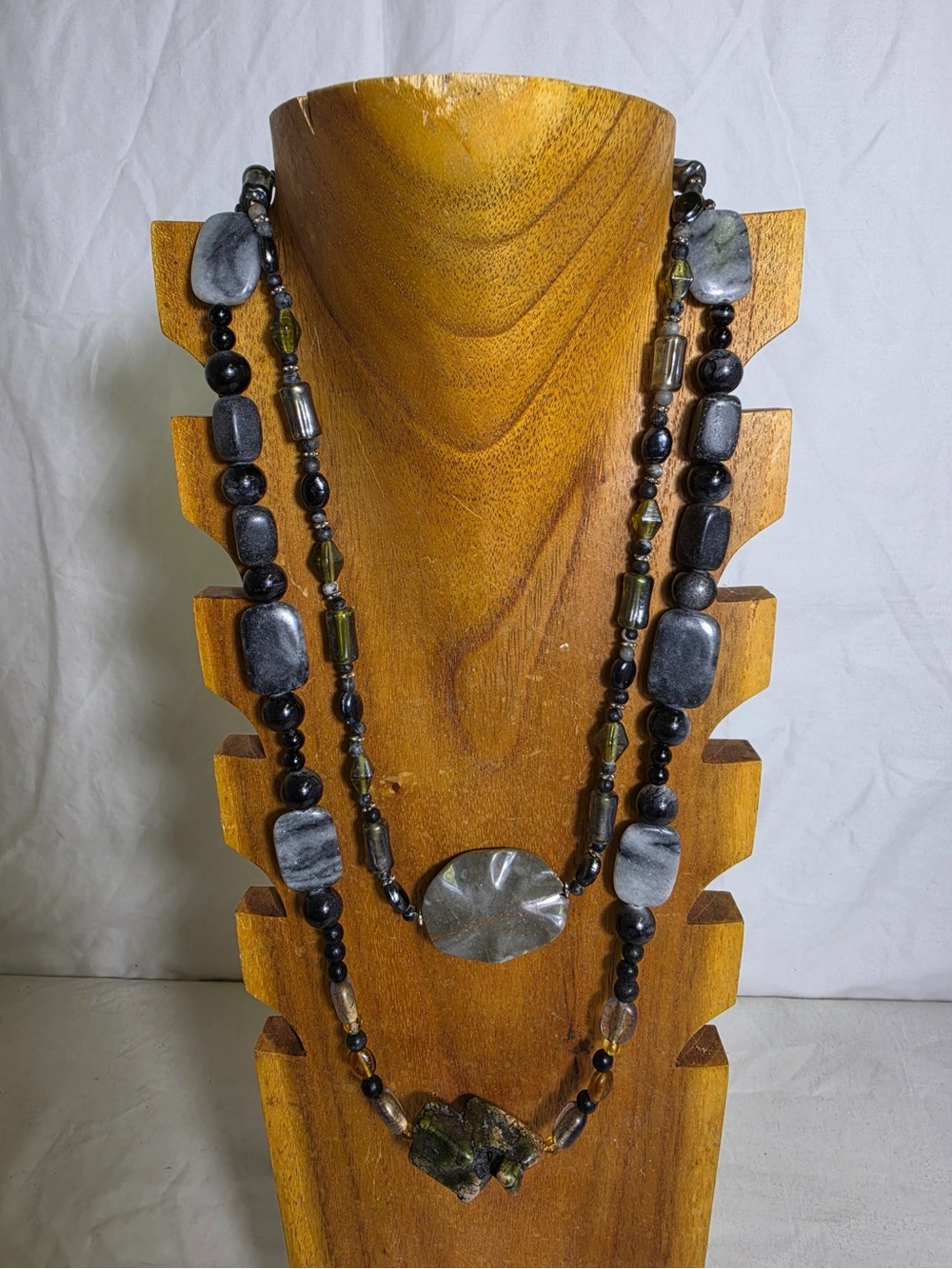 Boho Layered Stone Beaded Necklace Black Gray Green Handmade Statement Jewelry